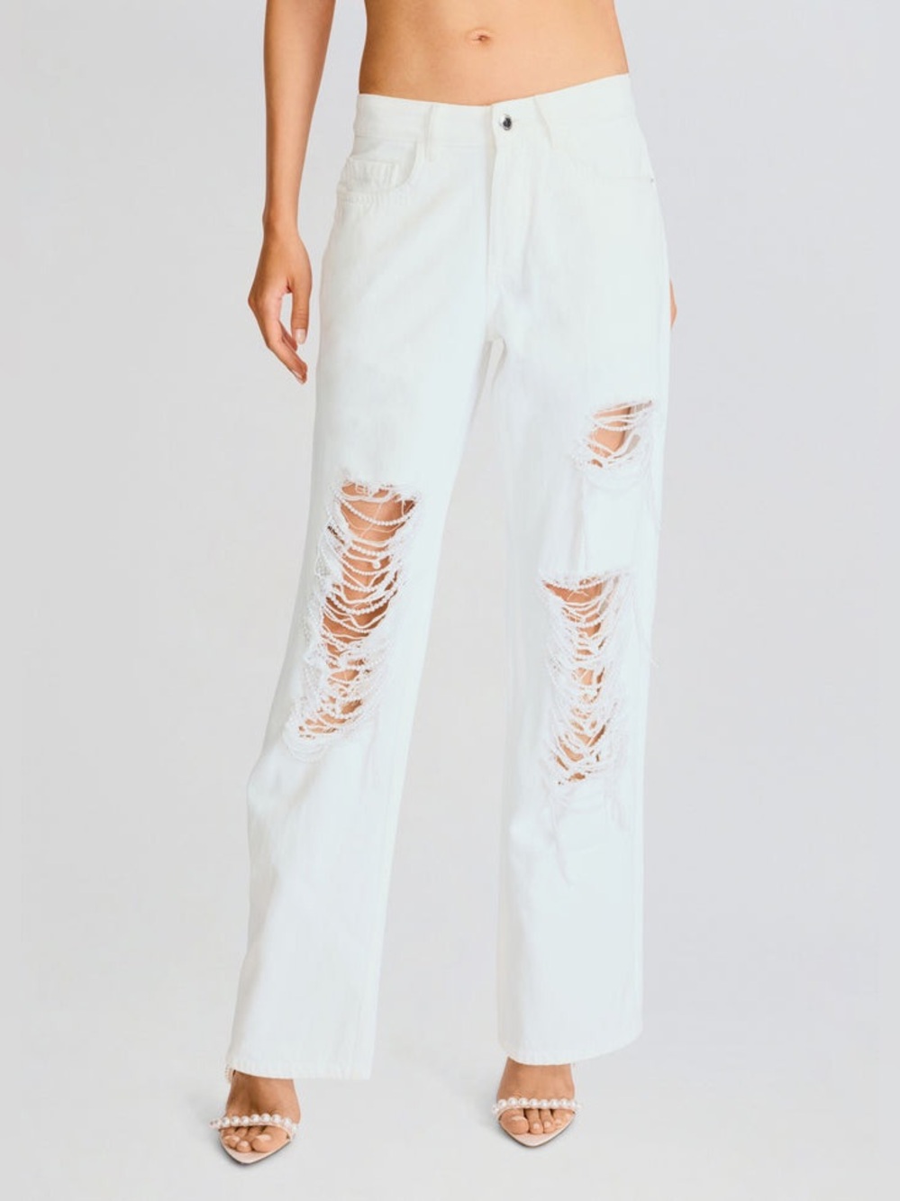 Retrofete White High-Rise Distressed Wide-Leg Jeans